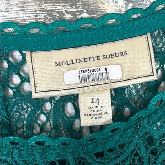 Moulinette Soeurs Anthropologie Women’s 14 Green Lace Boho 3/4 Sleeve Blouse NEW - Picture 5 of 8